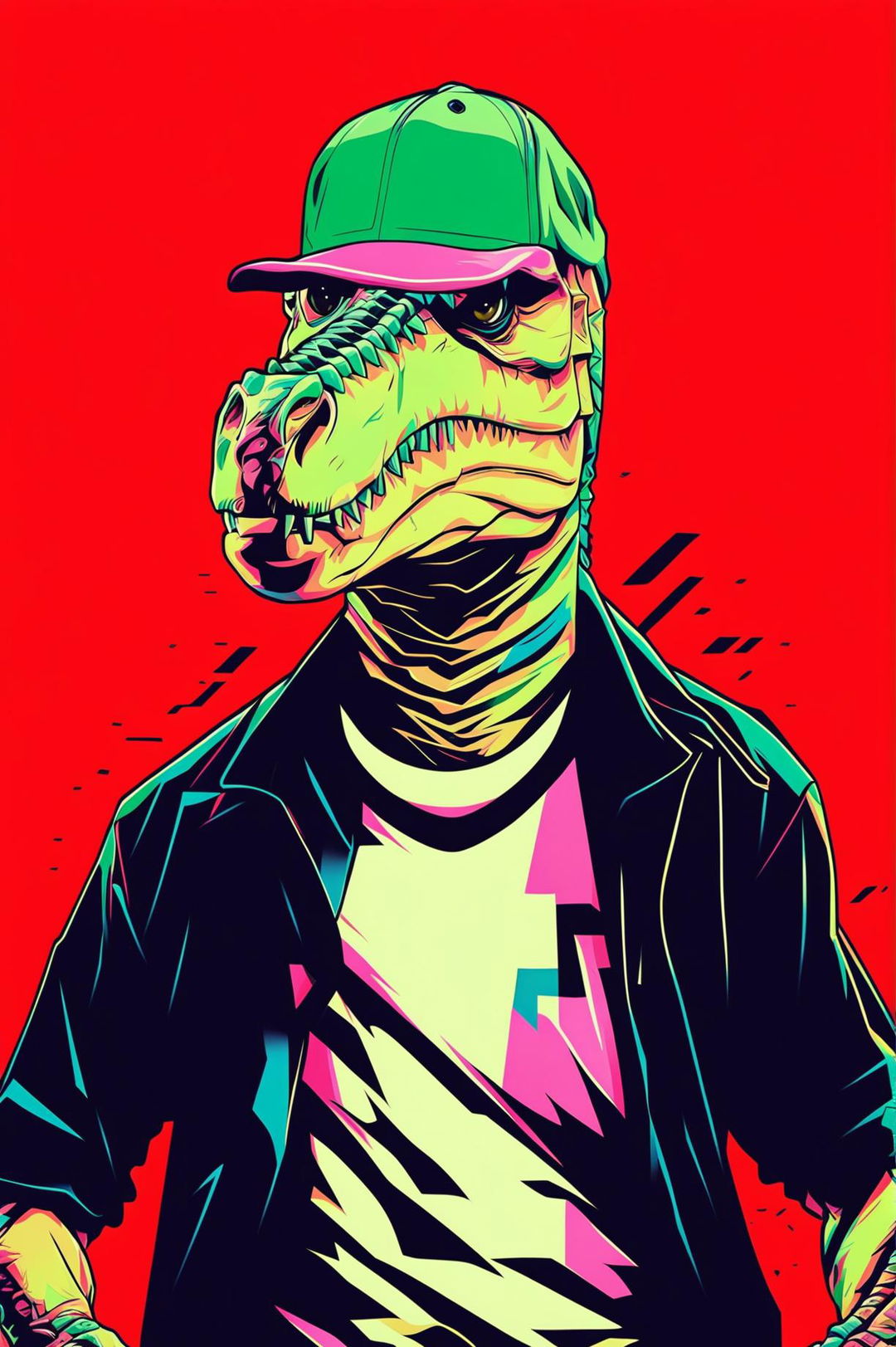 A high-quality, digital pop art wallpaper featuring a stylized T-Rex wearing streetwear, rendered in bold, contrasting colors against a bright backdrop