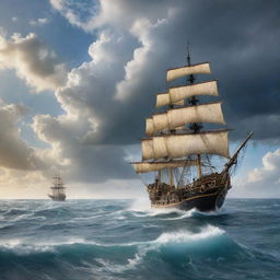 A captivating seascape with the pirate crew aboard their ship, exploring vast, untamed waters under a cloud-streaked sky