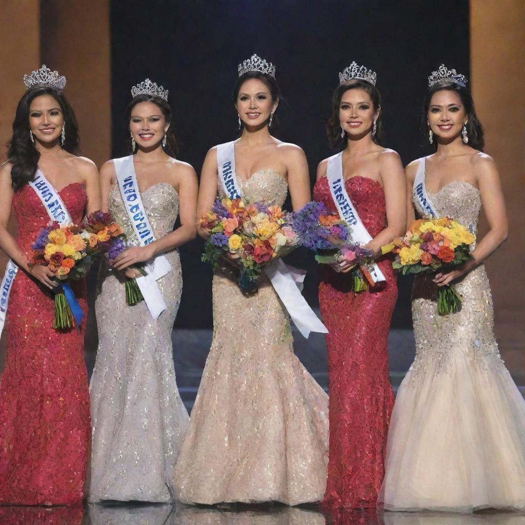 Five Miss Philippines delegates on stage, each bedecked in a unique, colorfully designed evening gown, adorned with elegant crowns and sashes during the crowning moment. Each delegate holds a vivid bouquet of flowers in their hands.