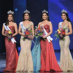 Five Miss Philippines delegates on stage, each bedecked in a unique, colorfully designed evening gown, adorned with elegant crowns and sashes during the crowning moment. Each delegate holds a vivid bouquet of flowers in their hands.