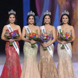 Five Miss Philippines delegates on stage, each bedecked in a unique, colorfully designed evening gown, adorned with elegant crowns and sashes during the crowning moment. Each delegate holds a vivid bouquet of flowers in their hands.