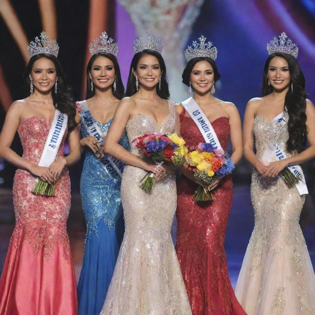 Five Miss Philippines delegates on stage, each bedecked in a unique, colorfully designed evening gown, adorned with elegant crowns and sashes during the crowning moment. Each delegate holds a vivid bouquet of flowers in their hands.