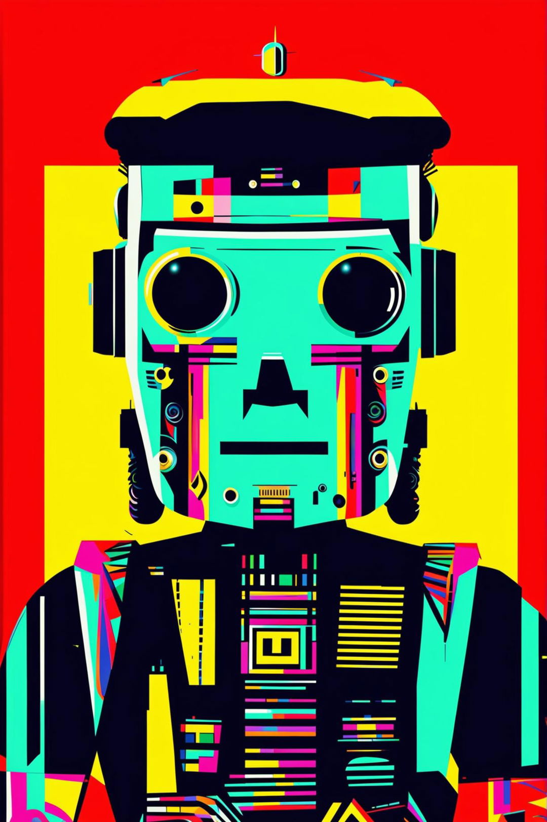 A high-quality, digital pop art wallpaper featuring a stylized humanoid robot, rendered in bold, contrasting colors against a bright backdrop