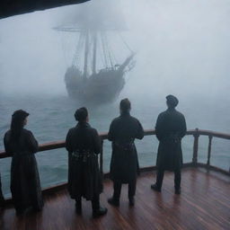 A suspenseful scene on the deck of the pirate ship, crew members staring in awe and fear at a ghostly apparition emerging from the misty sea