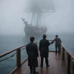 A suspenseful scene on the deck of the pirate ship, crew members staring in awe and fear at a ghostly apparition emerging from the misty sea