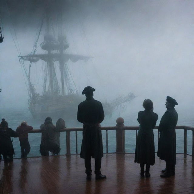 A suspenseful scene on the deck of the pirate ship, crew members staring in awe and fear at a ghostly apparition emerging from the misty sea