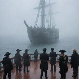 A suspenseful scene on the deck of the pirate ship, crew members staring in awe and fear at a ghostly apparition emerging from the misty sea