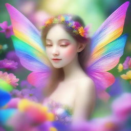 An enchanting digital art of a delicate fairy nestled amidst a vibrant bloom of flowers, her iridescent wings shimmering with the colors of the rainbow