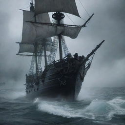 A horrifying scene of a ghostly entity moving towards the pirate ship with a menacing appearance, invoking fear among the crew