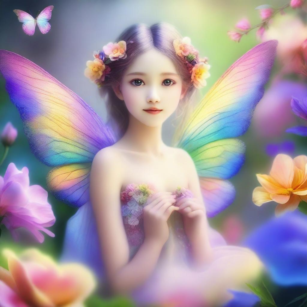 An enchanting digital art of a delicate fairy nestled amidst a vibrant bloom of flowers, her iridescent wings shimmering with the colors of the rainbow