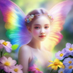 An enchanting digital art of a delicate fairy nestled amidst a vibrant bloom of flowers, her iridescent wings shimmering with the colors of the rainbow