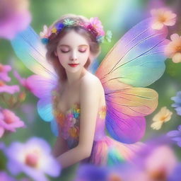 An enchanting digital art of a delicate fairy nestled amidst a vibrant bloom of flowers, her iridescent wings shimmering with the colors of the rainbow