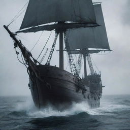 A horrifying scene of a ghostly entity moving towards the pirate ship with a menacing appearance, invoking fear among the crew