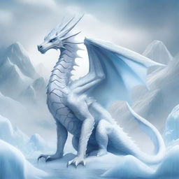 A digital art piece depicting a white, draconid creature standing majestically amidst a landscape of ice