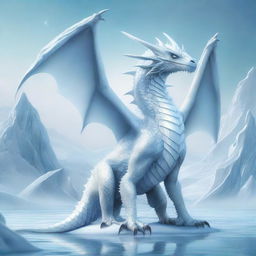 A digital art piece depicting a white, draconid creature standing majestically amidst a landscape of ice