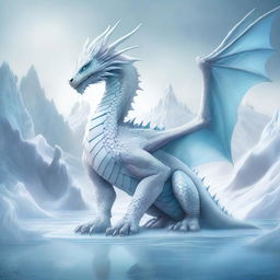 A digital art piece depicting a white, draconid creature standing majestically amidst a landscape of ice