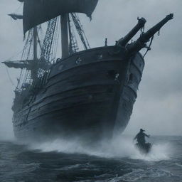 A horrifying scene of a ghostly entity moving towards the pirate ship with a menacing appearance, invoking fear among the crew