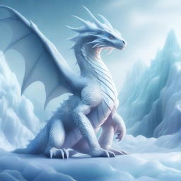 A digital art piece depicting a white, draconid creature standing majestically amidst a landscape of ice