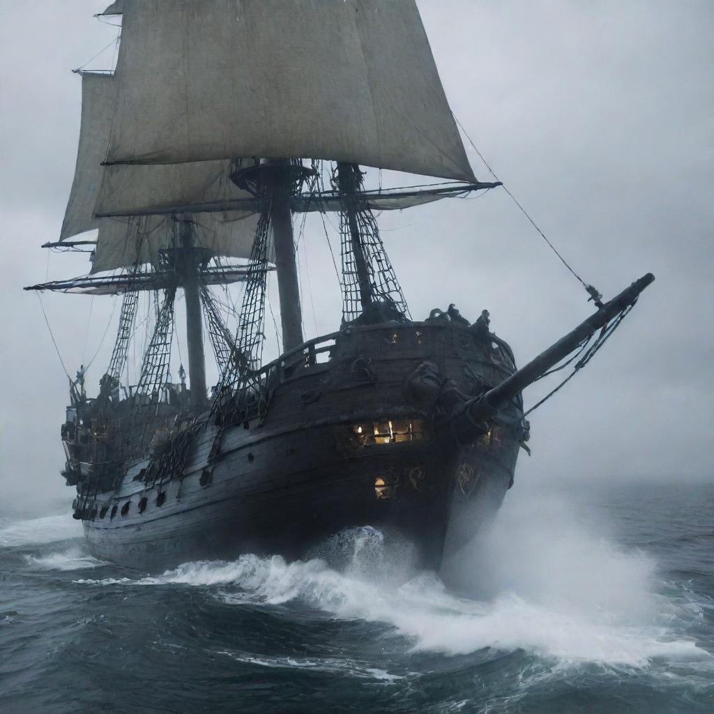 A horrifying scene of a ghostly entity moving towards the pirate ship with a menacing appearance, invoking fear among the crew