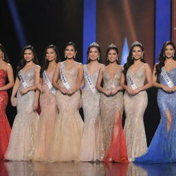 The top eight finalists of Miss Philippines on stage, each gracing in uniquely styled and beautiful evening gowns. The diversity of designs and color combinations presents a celebration of elegance and beauty.