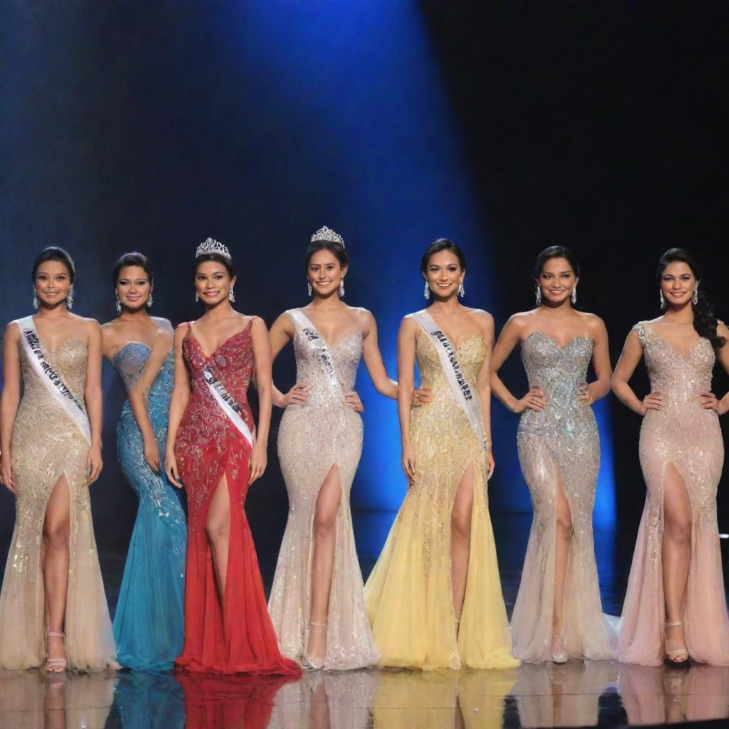 The top eight finalists of Miss Philippines on stage, each gracing in uniquely styled and beautiful evening gowns. The diversity of designs and color combinations presents a celebration of elegance and beauty.