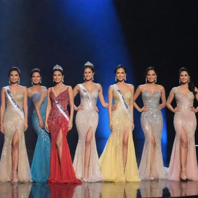 The top eight finalists of Miss Philippines on stage, each gracing in uniquely styled and beautiful evening gowns. The diversity of designs and color combinations presents a celebration of elegance and beauty.