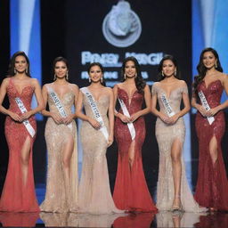 The top eight finalists of Miss Philippines on stage, each gracing in uniquely styled and beautiful evening gowns. The diversity of designs and color combinations presents a celebration of elegance and beauty.