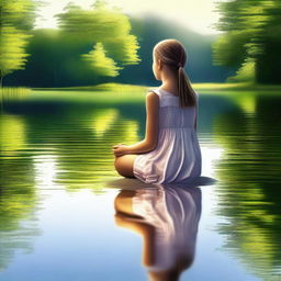 A serene digital art depicting a young girl seated by a tranquil lake, her reflection mirrored in the calm waters