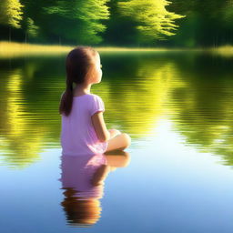 A serene digital art depicting a young girl seated by a tranquil lake, her reflection mirrored in the calm waters