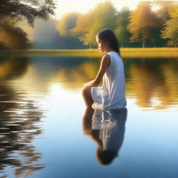 A serene digital art depicting a young girl seated by a tranquil lake, her reflection mirrored in the calm waters