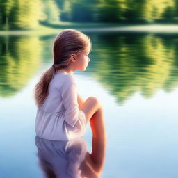 A serene digital art depicting a young girl seated by a tranquil lake, her reflection mirrored in the calm waters