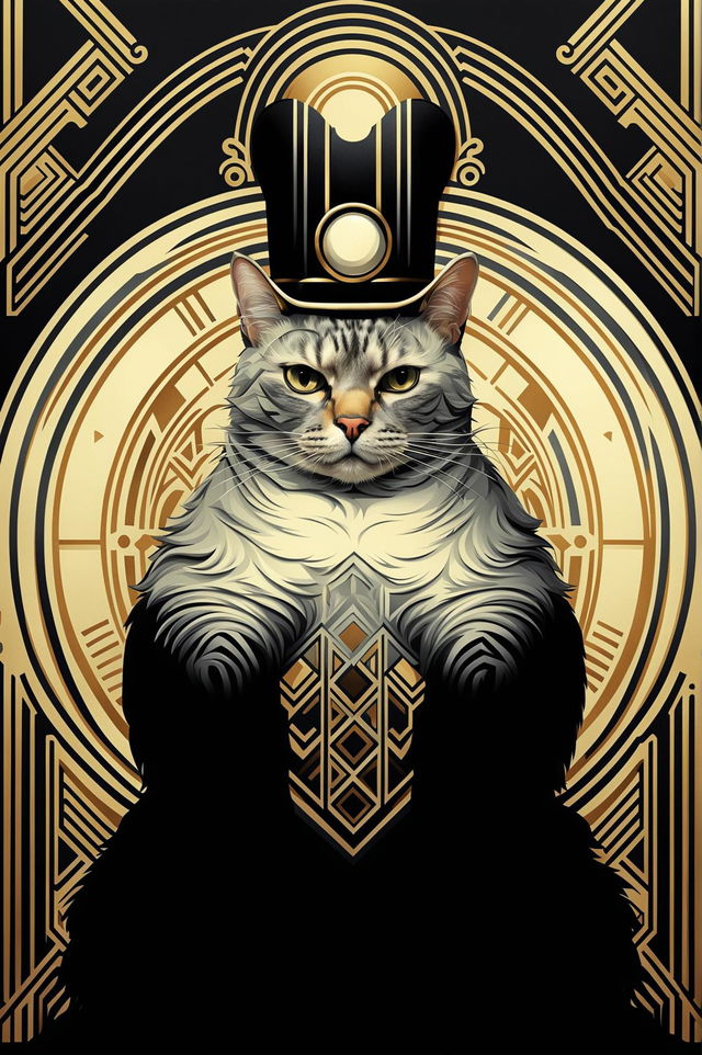 An Art Deco style digital art wallpaper featuring a large, aristocratic cat sitting upright with a monocle and top hat