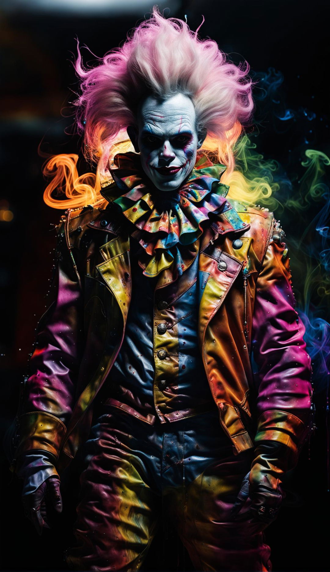 A photorealistic image of a Ghostp4nk clown with a ghost phantom effect. The image is hyper-detailed with cinematic lighting and HDR. The clown is rendered in a style reminiscent of Mark Molnar's mystical works, with a redshift rendering adding a surreal quality to the scene.