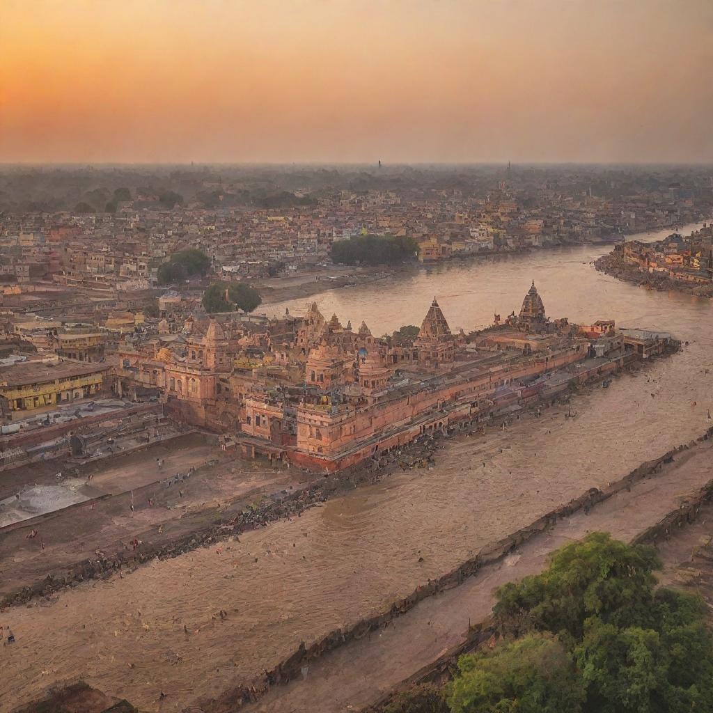 A panoramic view of Ayodhya, showcasing its vibrant and historic architecture, including temples, ghats and the banks of Sarayu River during sunset