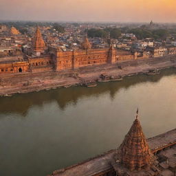 A panoramic view of Ayodhya, showcasing its vibrant and historic architecture, including temples, ghats and the banks of Sarayu River during sunset