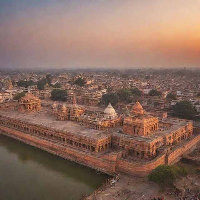 A panoramic view of Ayodhya, showcasing its vibrant and historic architecture, including temples, ghats and the banks of Sarayu River during sunset