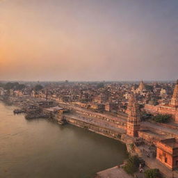 A panoramic view of Ayodhya, showcasing its vibrant and historic architecture, including temples, ghats and the banks of Sarayu River during sunset