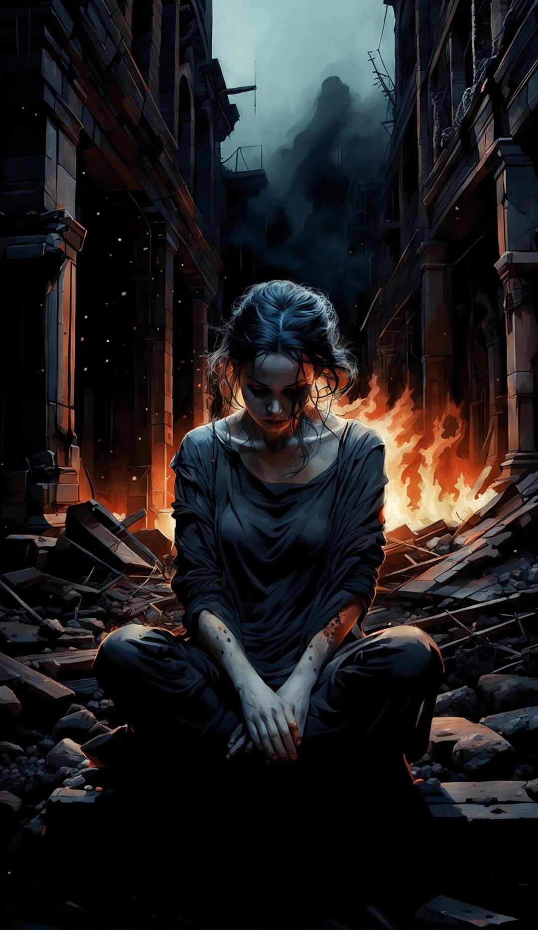 The woman sits mournfully amidst the city ruins, weeping under the glow of a distant fire in the darkness of night.