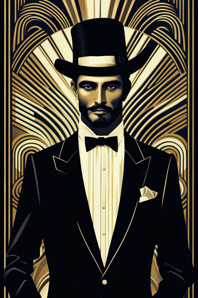 An Art Deco style digital art wallpaper featuring an aristocratic man in a suit and top hat