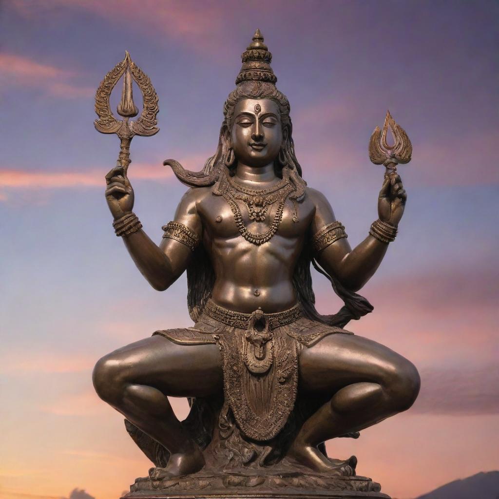 A magnificently detailed statue of the Indian God Shiva, crafted in lustrous bronze, set against a vibrant, sunset sky