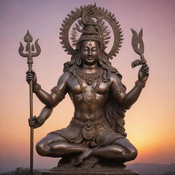 A magnificently detailed statue of the Indian God Shiva, crafted in lustrous bronze, set against a vibrant, sunset sky