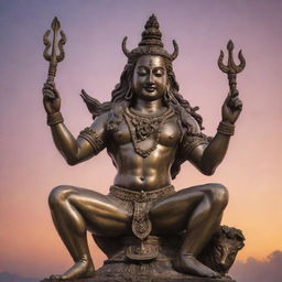 A magnificently detailed statue of the Indian God Shiva, crafted in lustrous bronze, set against a vibrant, sunset sky