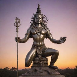 A magnificently detailed statue of the Indian God Shiva, crafted in lustrous bronze, set against a vibrant, sunset sky