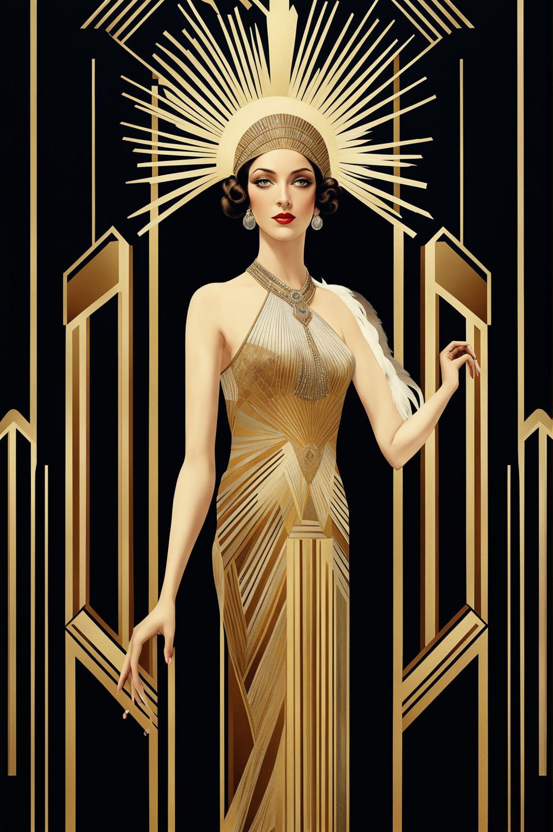 An Art Deco style digital art wallpaper featuring an elegant aristocratic woman in a beaded gown and feathered headpiece