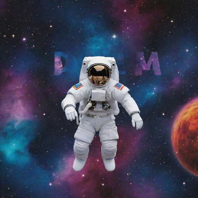 The word 'DREAM' in bold, vibrant letters. An astronaut is floating above it, encapsulated by radiant constellations and galaxies of the universe.