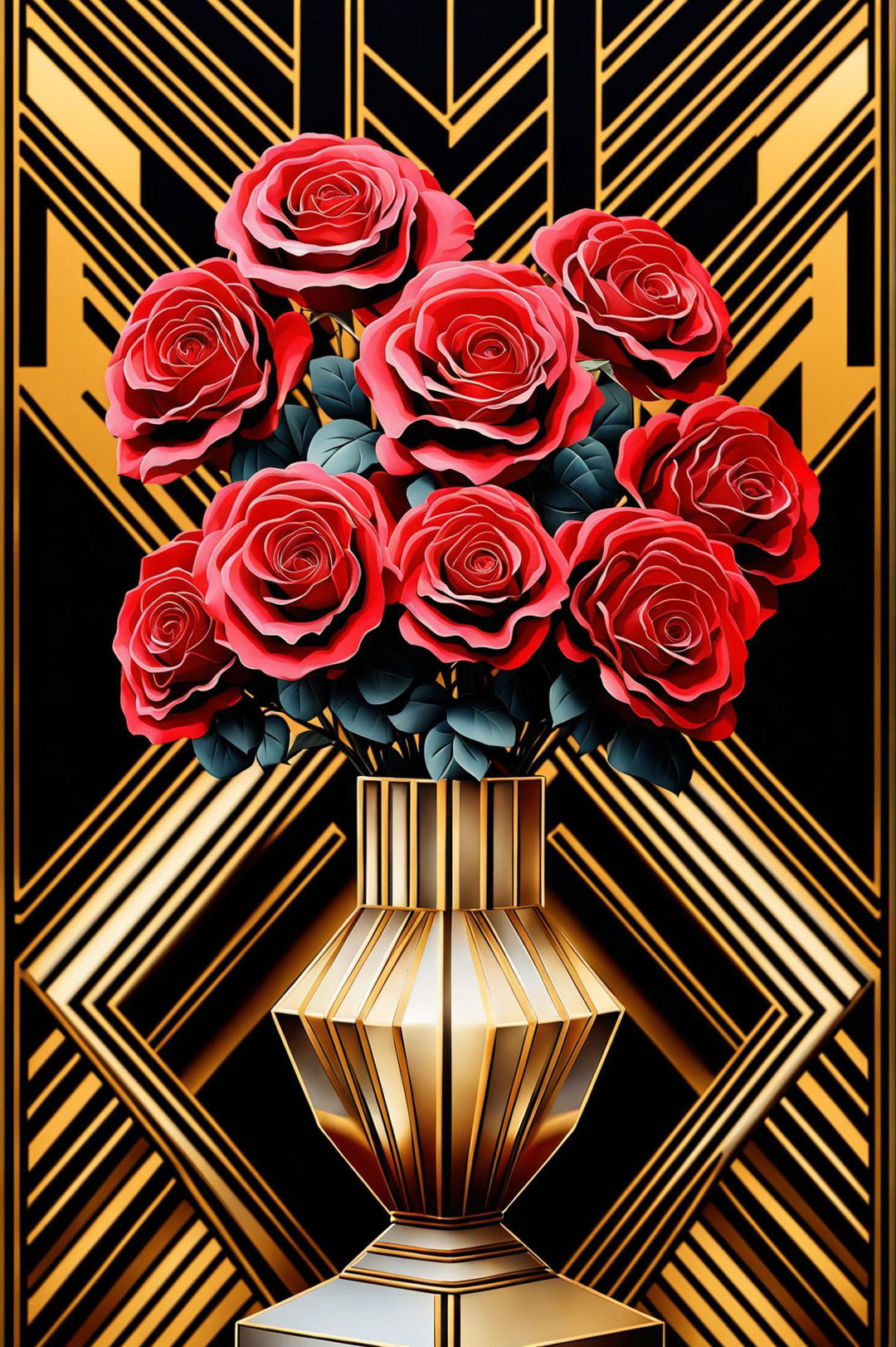 An Art Deco style digital art wallpaper featuring a vase of vibrant red roses