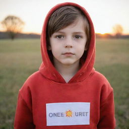 A young boy with bright sparkling eyes, brown hair, wearing a red hoodie, standing in an open field during sunset.