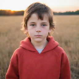 A young boy with bright sparkling eyes, brown hair, wearing a red hoodie, standing in an open field during sunset.