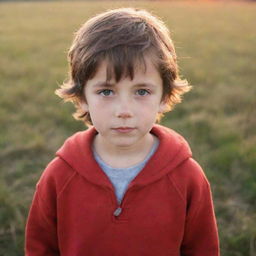 A young boy with bright sparkling eyes, brown hair, wearing a red hoodie, standing in an open field during sunset.