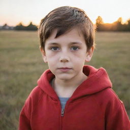 A young boy with bright sparkling eyes, brown hair, wearing a red hoodie, standing in an open field during sunset.